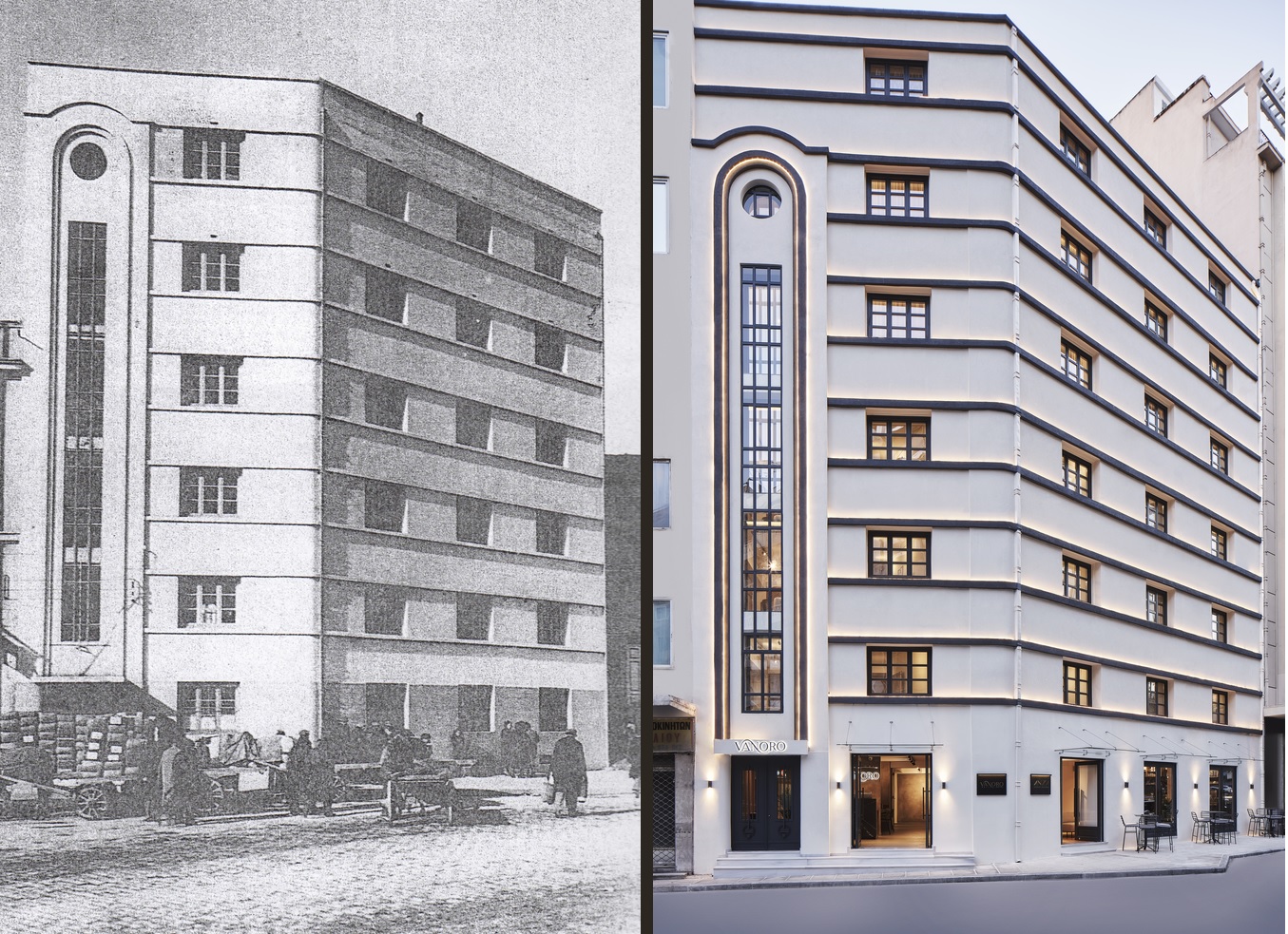 Hotel Vanoro (φωτογραφία 2021) - πρώην καπναποθήκη Γ. Γαβριήλογλου (φωτογραφία δεκαετία 1930)