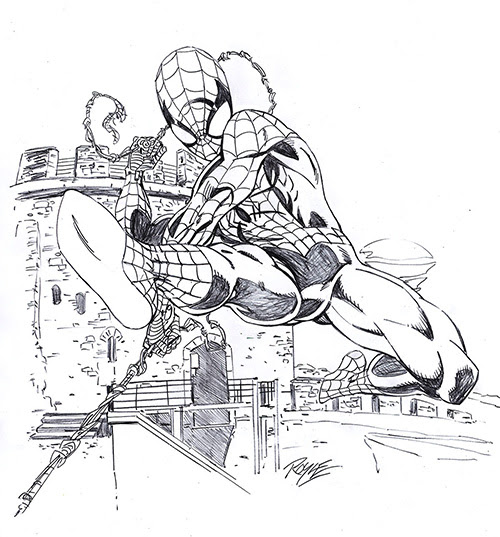 O Spiderman στον πύργο του Τριγωνίου. Σχέδιο του John Royle.