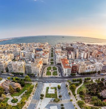 Aerial Panoramic view of the center of Thessaloniki city, just before sunset, Greece