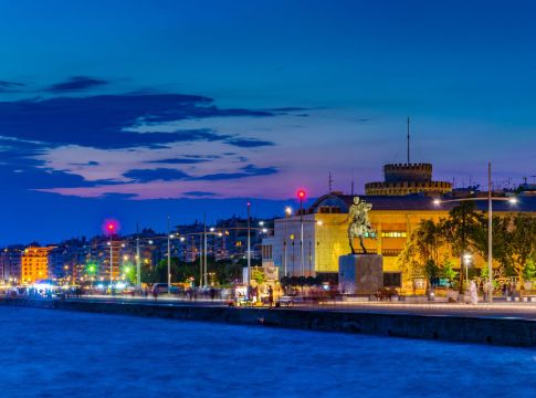 Night view of seaside promenade in Thessaloniki, Greece