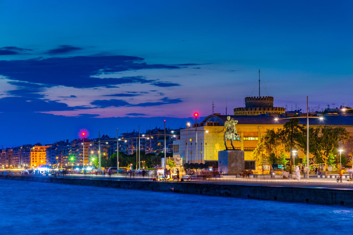 Night view of seaside promenade in Thessaloniki, Greece