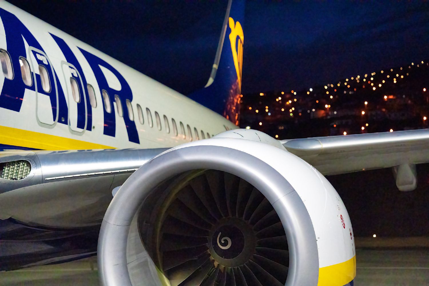 Ryanair airplane at night view.