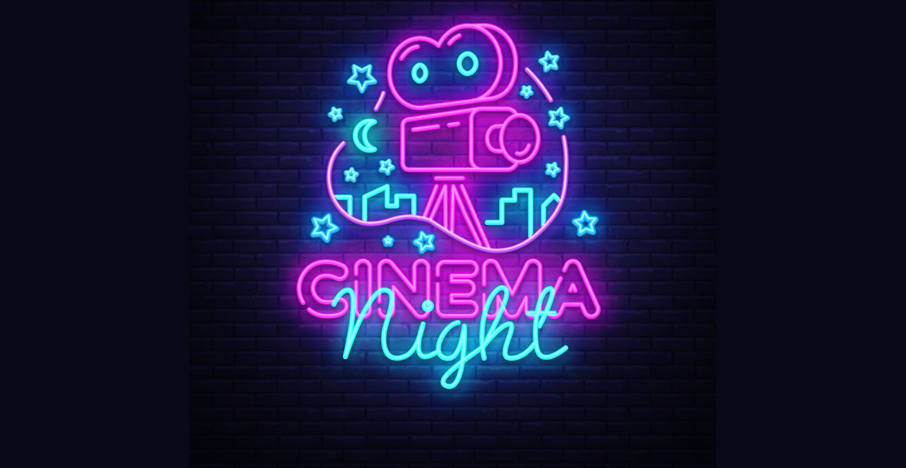 Cinema Night Neon Logo Vector. Movie Night neon sign, design template, modern trend design, night neon signboard, night light advertising, light banner, light art. Vector illustration.