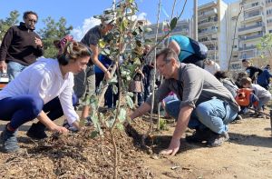 εθελοντές φυτεύουν μικρά δένδρα για το πρώτο βρώσιμο αστικό δάσος της χώρας