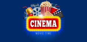 Cinema concept design template with popcorn, drink, clapping board and other objects on cinematograph theme. Realistic vector illustration.