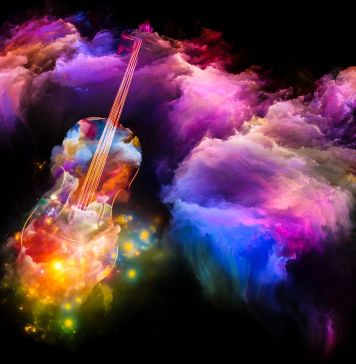 Colorful violin and Fractal paint abstraction on subject of music, art and creativity