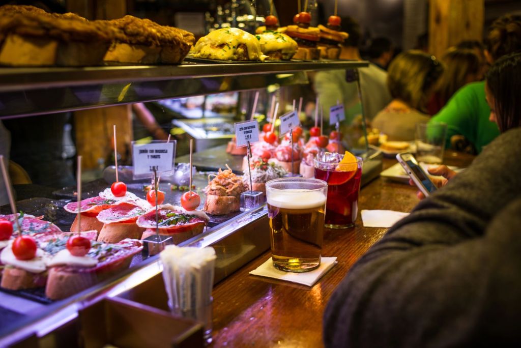 People eat in typical tapas and pinxos