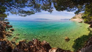 Καταγάλανη ήρεμη θάλασσα με βράχια και πευκόκλαδα σε ακτή με νησί στο βάθος