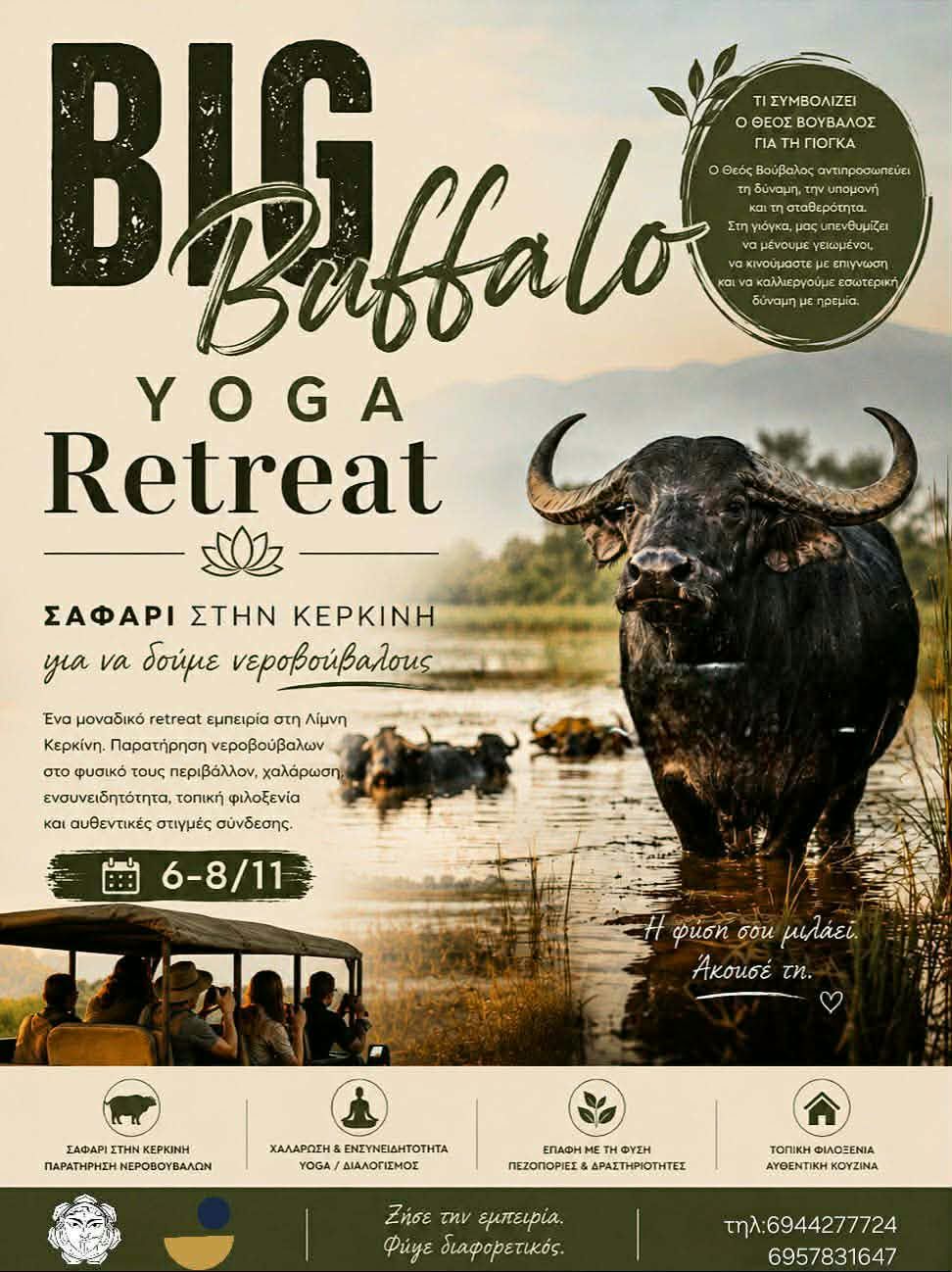 αφίσα του Big Buffalo Yoga Retreat στη Λίμνη Κερκίνη με νεροβούβαλο και σαφάρι από 6 έως 8 Νοεμβρίου